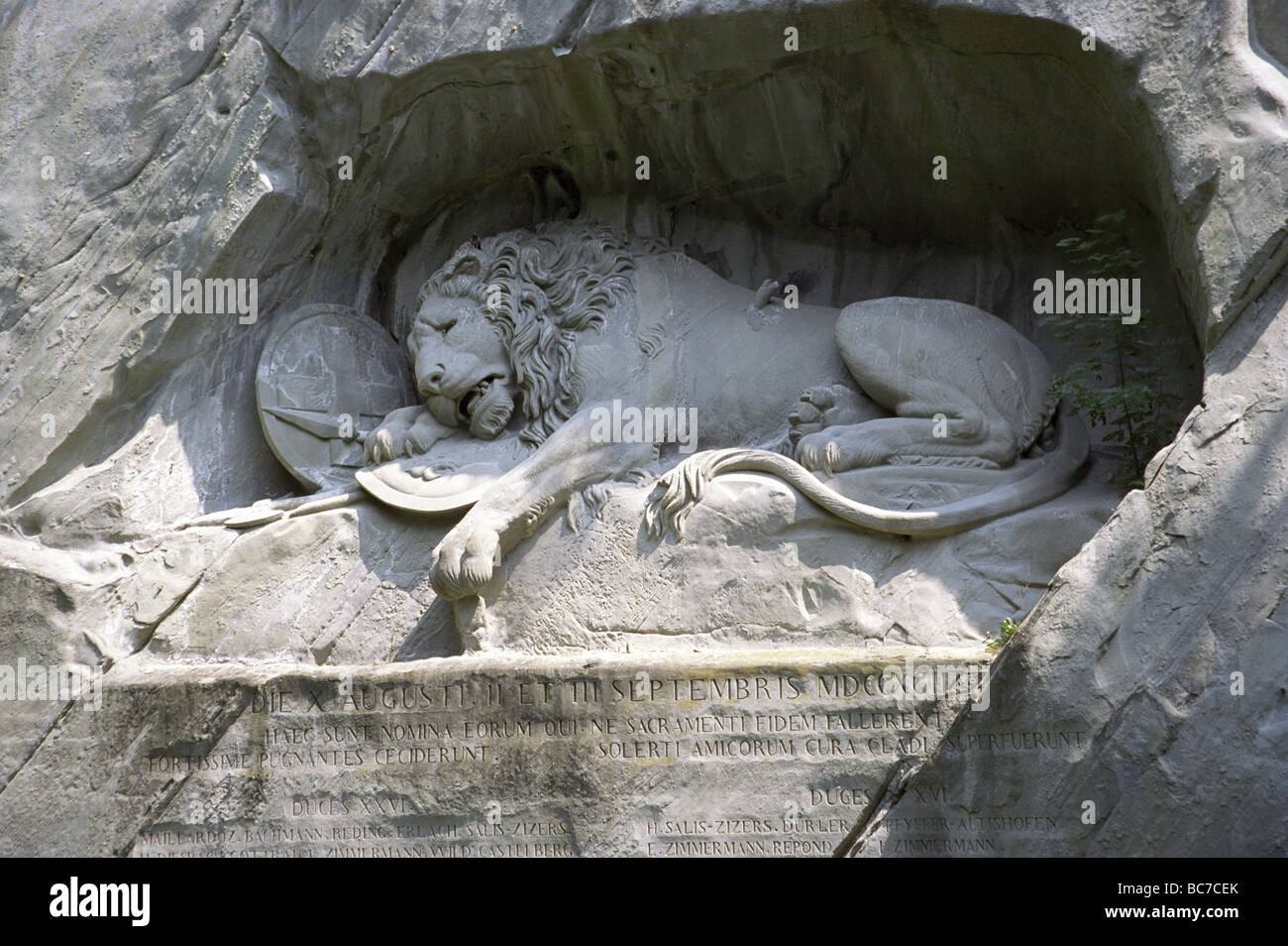 The Lion of Lucerne monument, designed by Bertel Thorvaldsen, in Lucerne, Switzerland (In honor of the Swiss Guards) Stock Photo