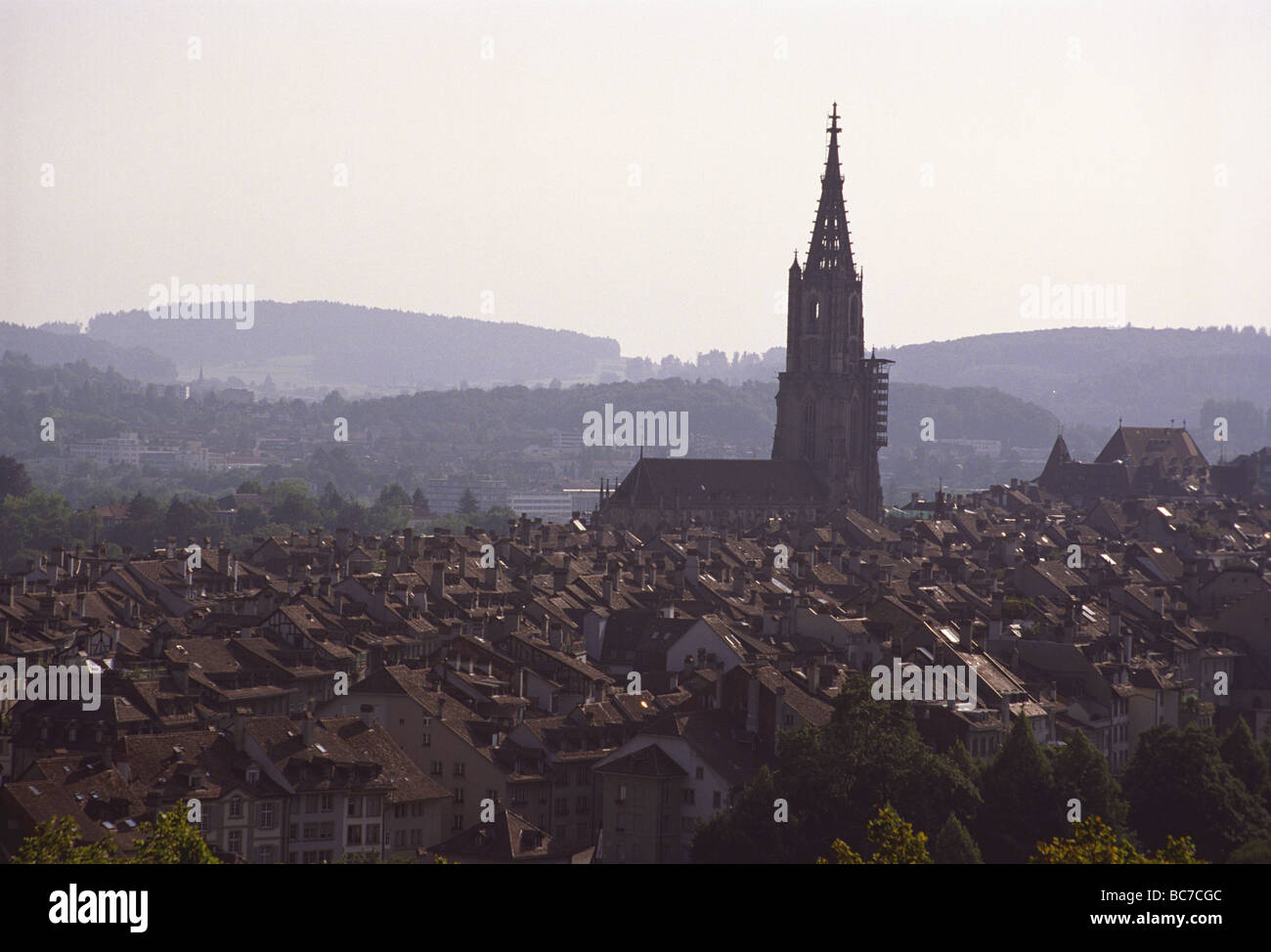 view from rosengarten gardens to cathedral city of Bern, Bern, Switzerland Stock Photo