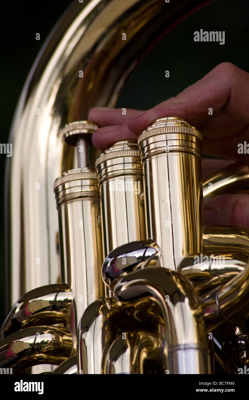 closeup tuba keys brass band musician greenwich park london england UK ...