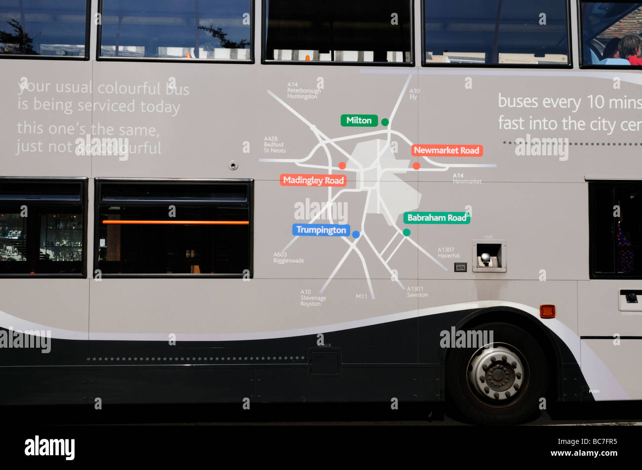 Detail of a grey reserve Park and Ride bus showing a map of the Park and Ride sites around the City, Cambridge England UK Stock Photo