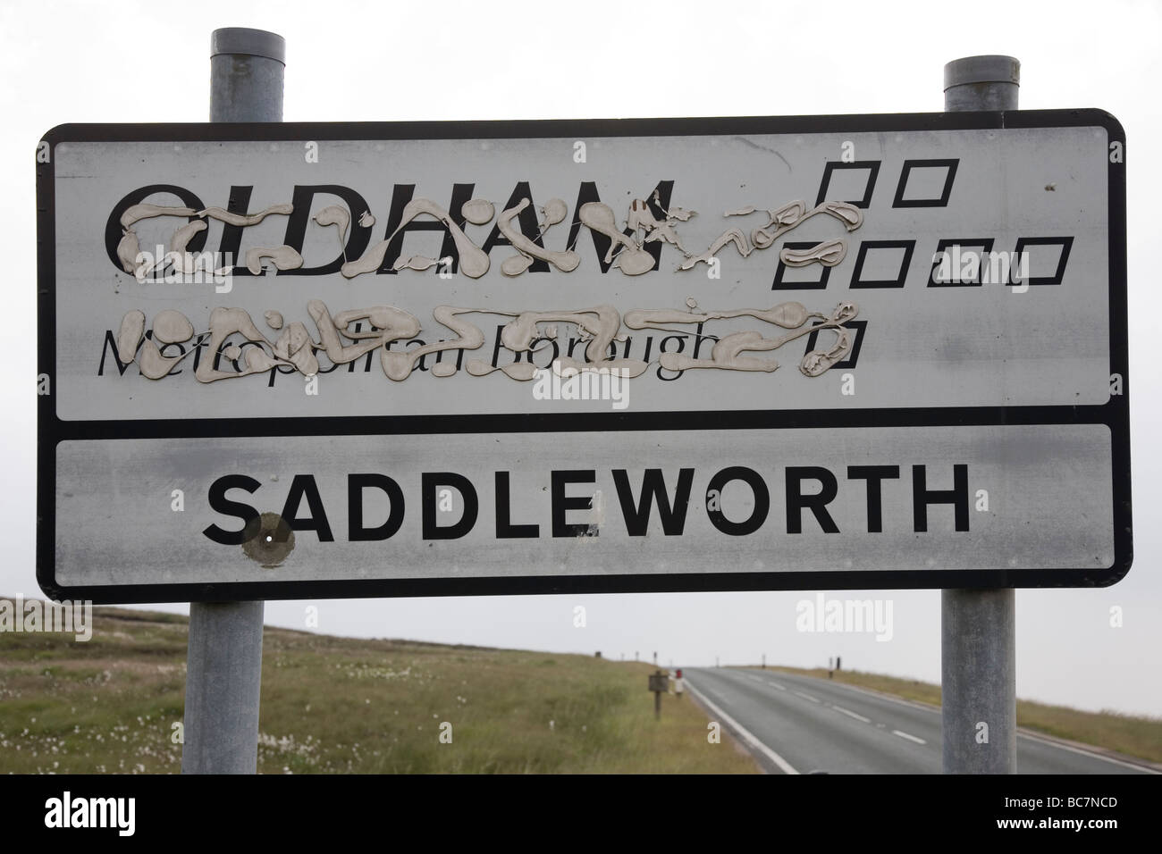 Saddleworth sign at Saddleworth Moor made infamous by the moors murderers Stock Photo