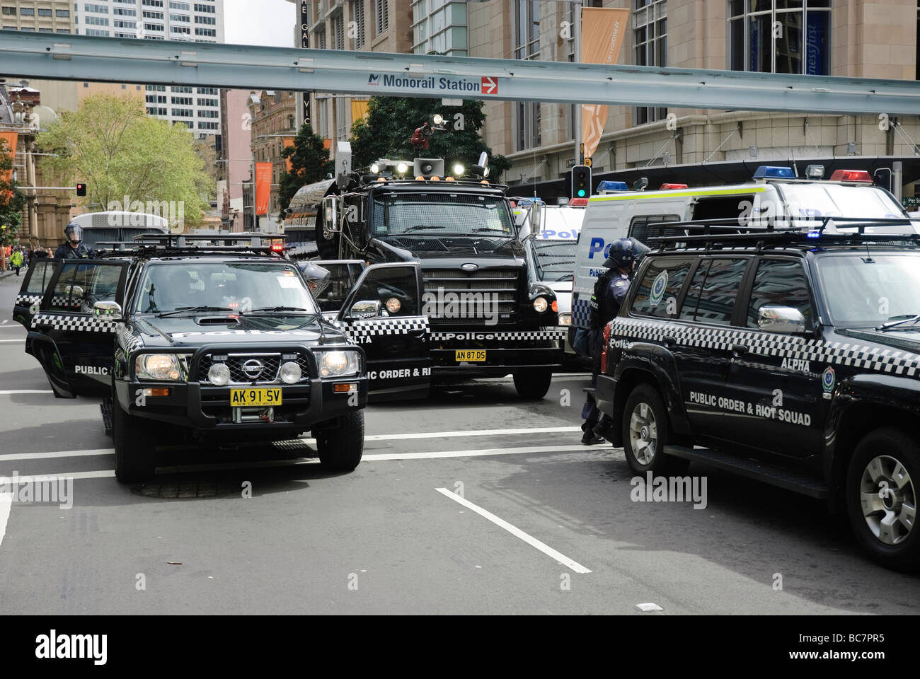 NSW Police Public Order and Riot Squad, including water canon, in a show of force during peaceful protests. Stock Photo