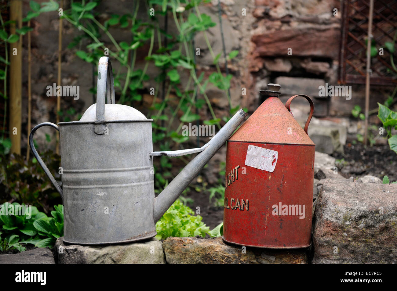 an old red gerry oil can and old fashioned watering can in a garden Stock Photo