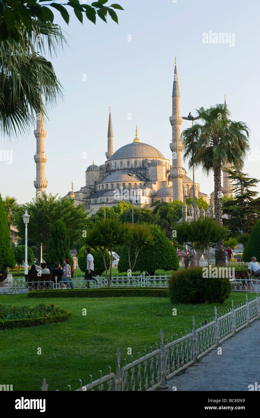 Turkey , Istanbul , the Blue Mosque or Sultan Ahmet Camii , from Sultanahmet Square or Meydani , at sunset from gardens Stock Photo