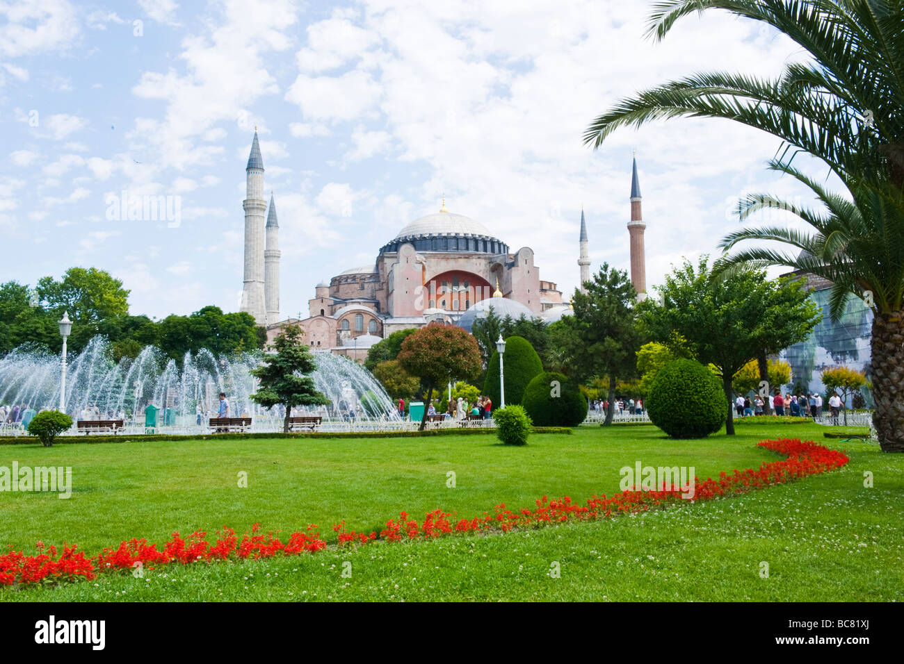 Turkey , Istanbul , The Blue Mosque or Sultan Ahmet Camii from Sultanahmet Square or Meydani , with gardens flowers & fountains Stock Photo