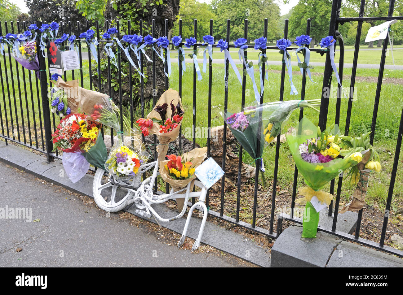 Ghost bike flowers and a RoadPeace poster at the site of an accident London England UK Stock Photo
