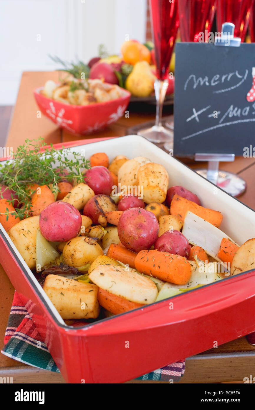 Roasted root vegetables on Christmas table (USA Stock Photo Alamy