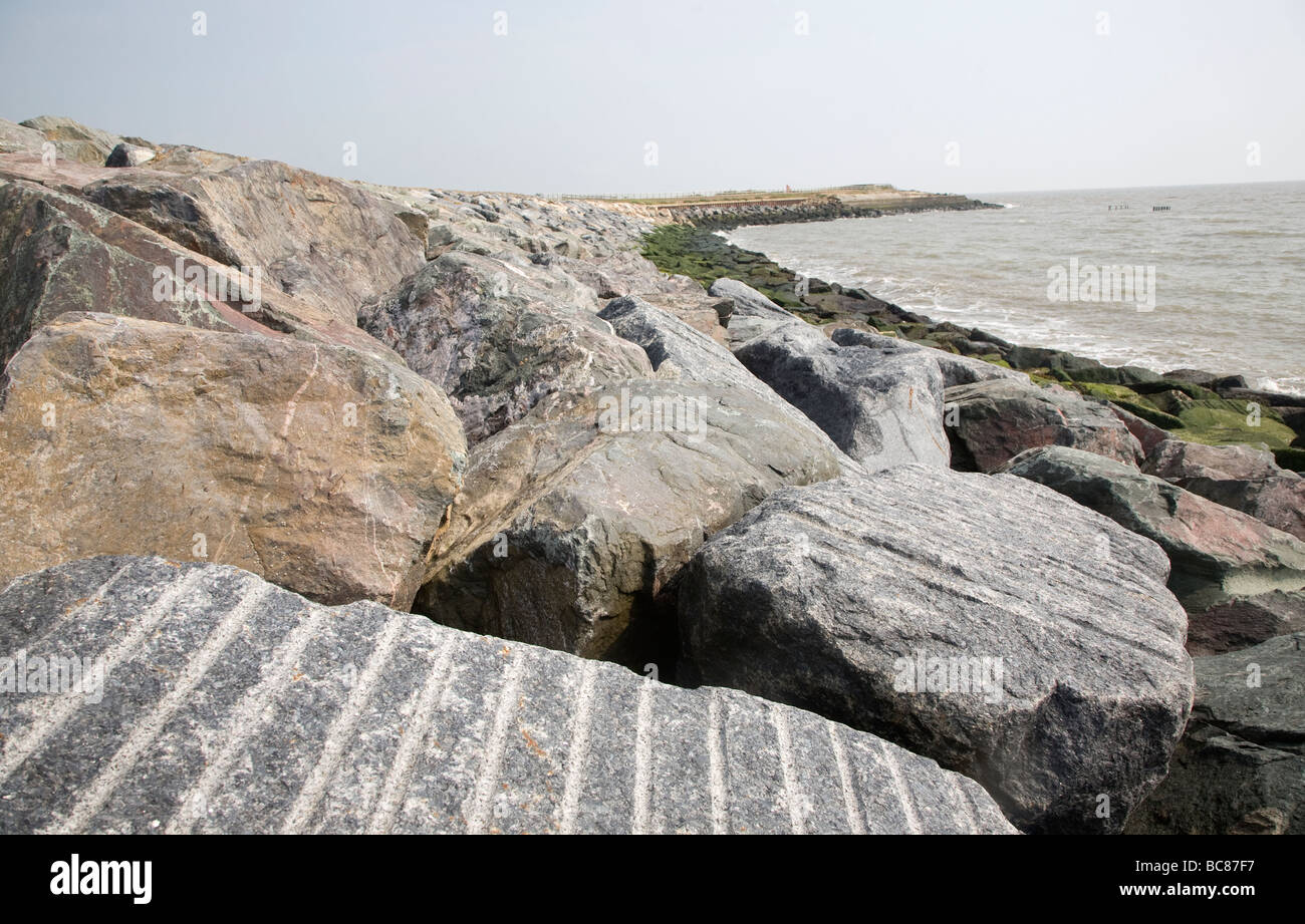 New rock armour sea defences East Lane Bawdsey Stock Photo
