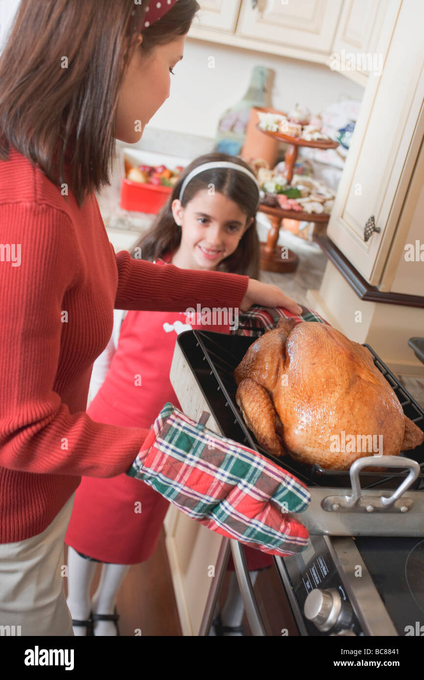 Woman putting turkey on cooker, girl in background Stock Photo - Alamy