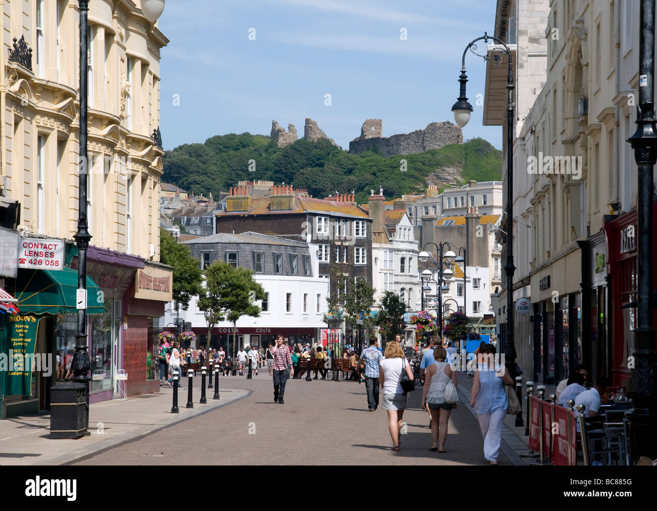 Hastings Town Center, looking towards the Norman castle. Stock Photo