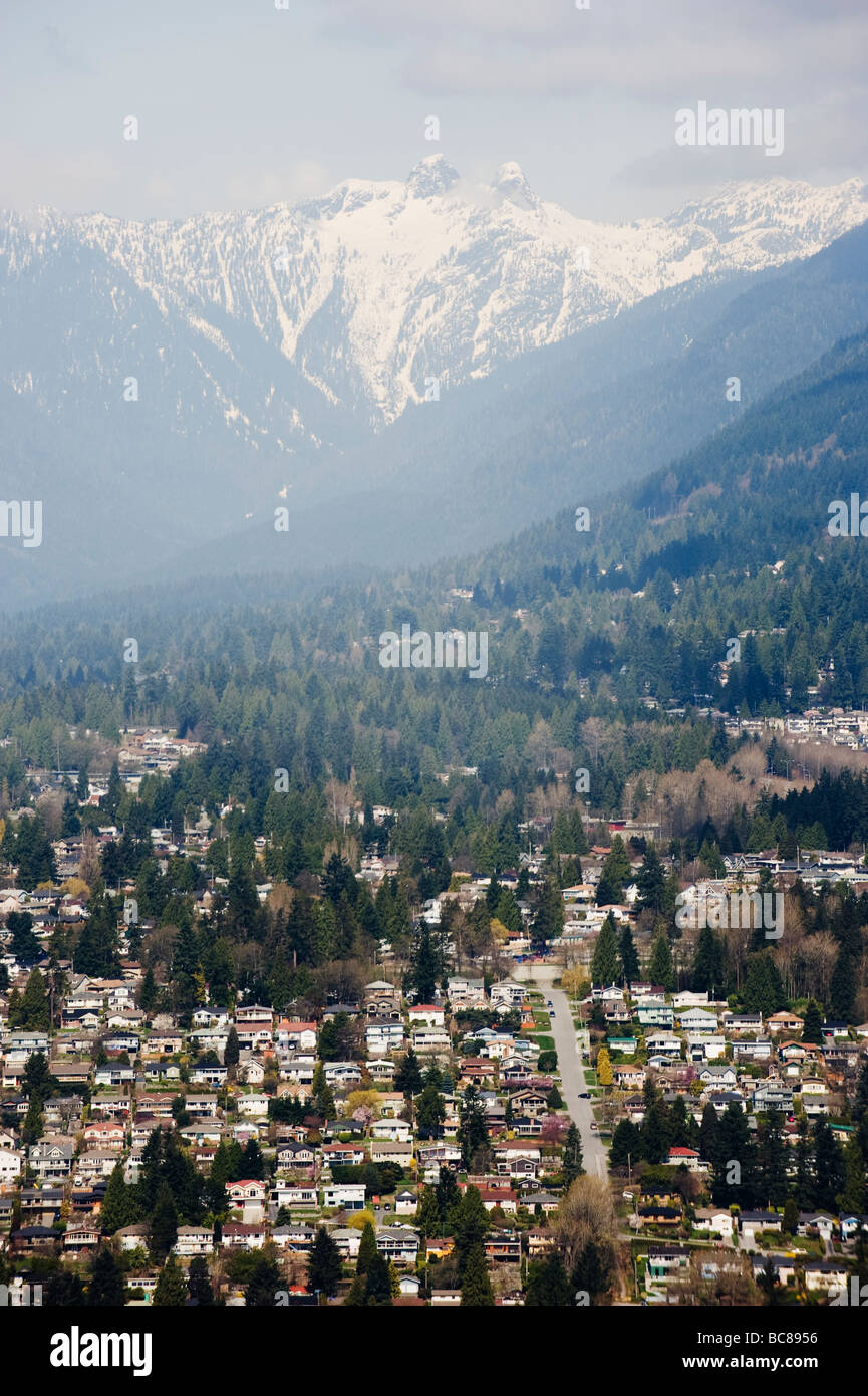 aerial view of skyline and mountains of Vancouver British Columbia ...