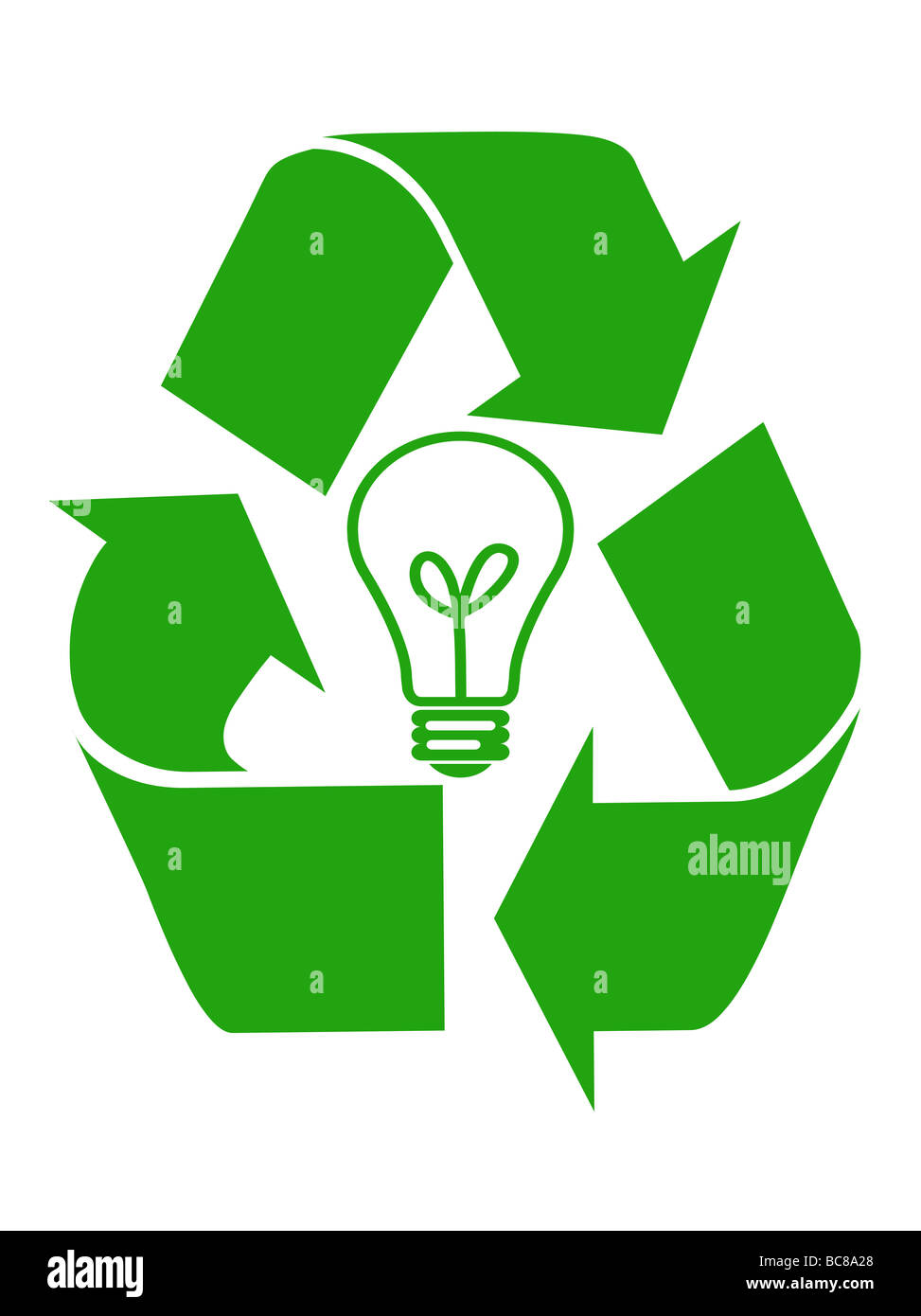 Green recycling symbol with lightbulb in center representing ideas isolated on white background Stock Photo