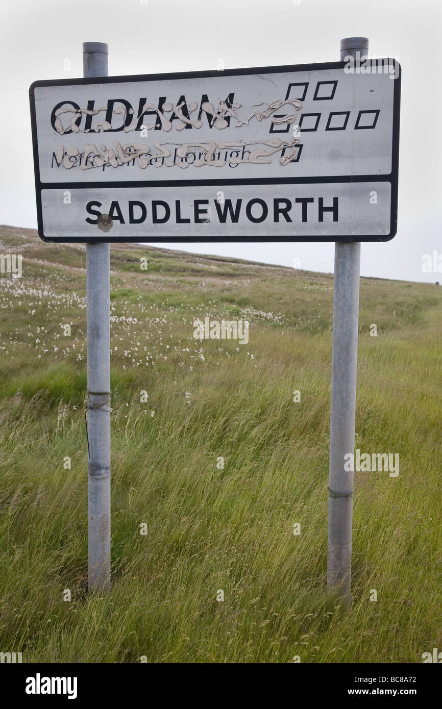 Saddleworth sign at Saddleworth Moor made infamous by the moors murderers Stock Photo