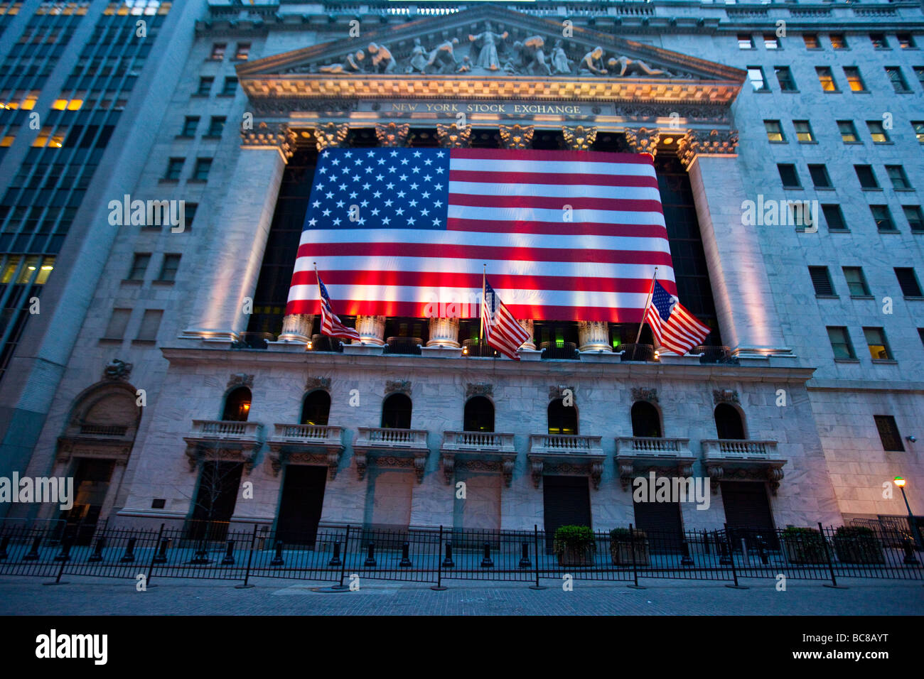 Stock Exchange at Night in the Financial District in New York City Stock Photo
