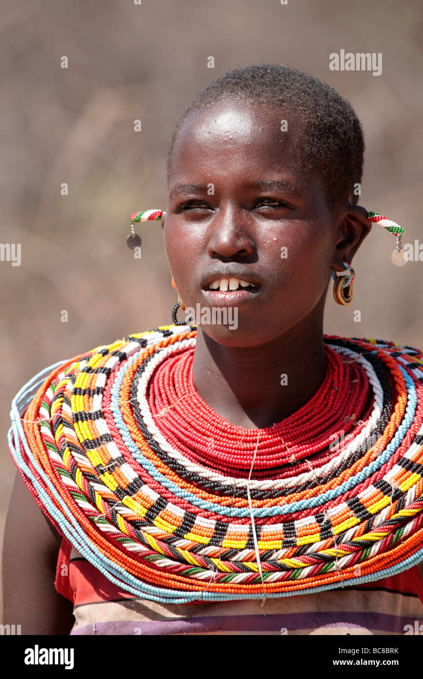 Samburu woman in the desert of Northern Kenya with traditional beadwork necklaces Stock Photo