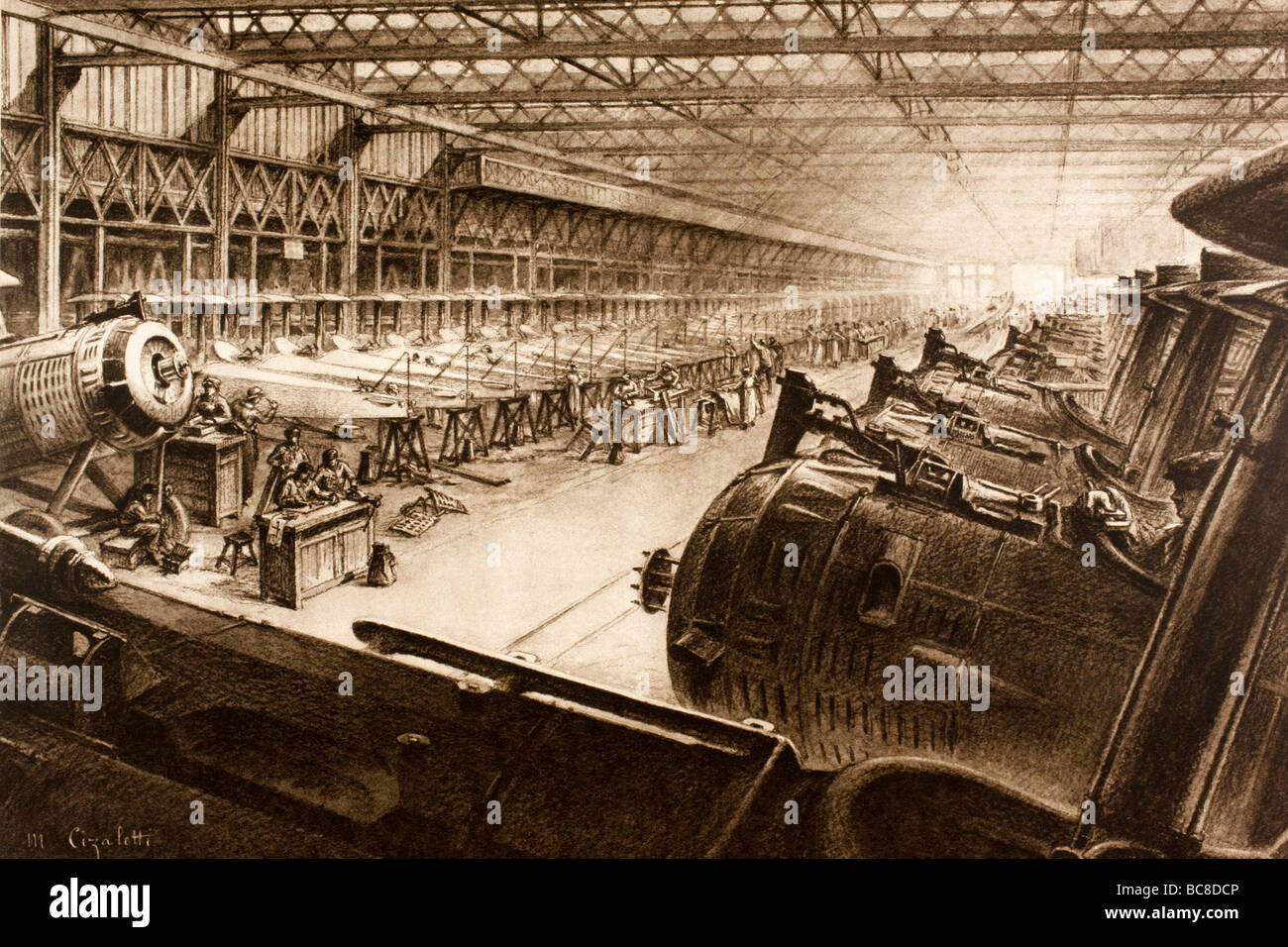 Assembly line in the Salmson aircraft factory France . Stock Photo