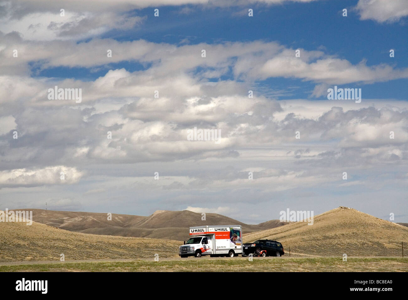 U Haul truck traveling on Interstate 80 in Carbon County Wyoming USA Stock Photo