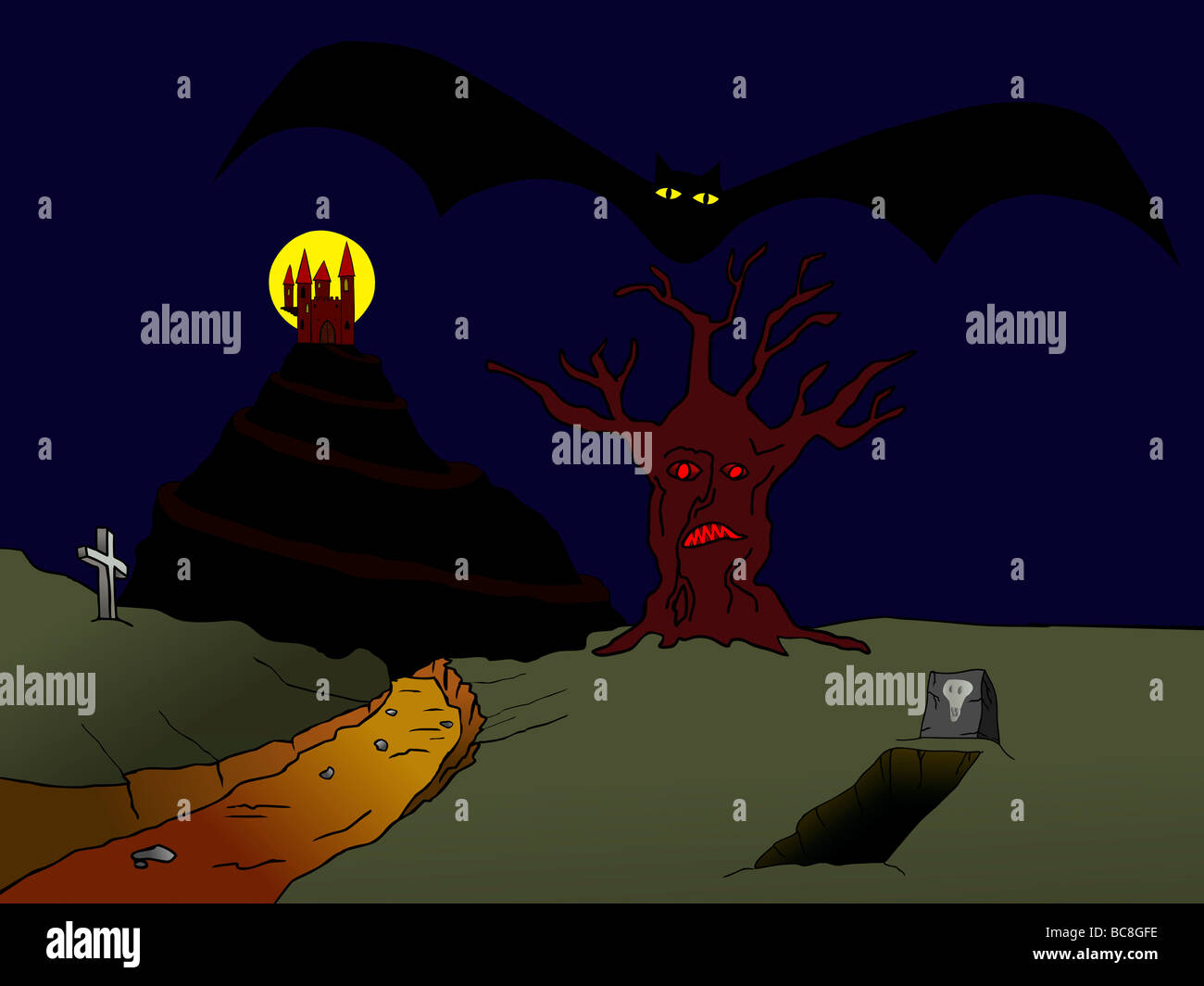 Illustration of the old haunted castle on the hill and flying vampire bat Stock Photo