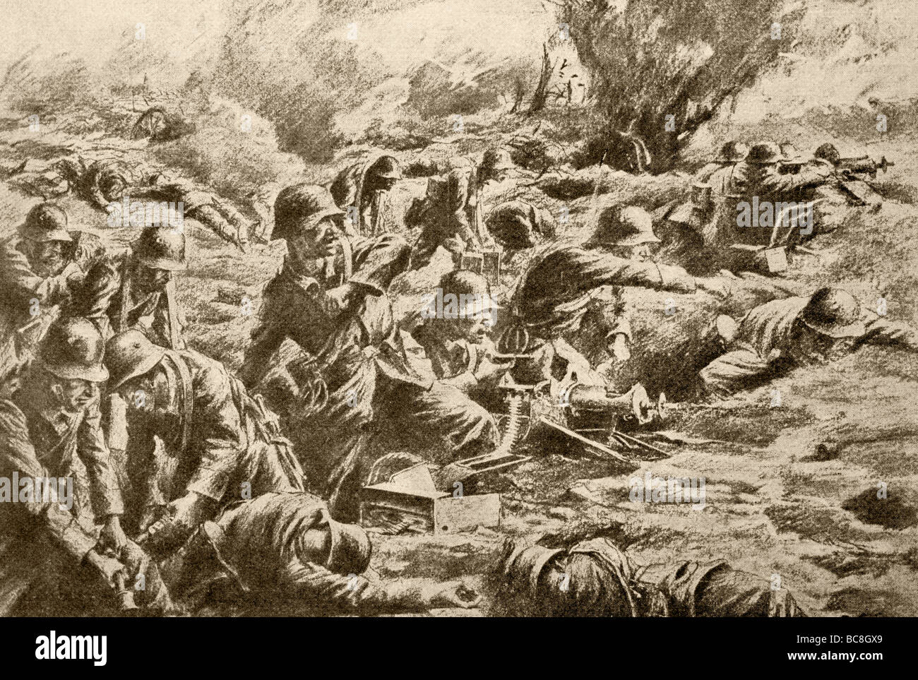 German machine gunners and infantry holding back an attack against their trench. Stock Photo