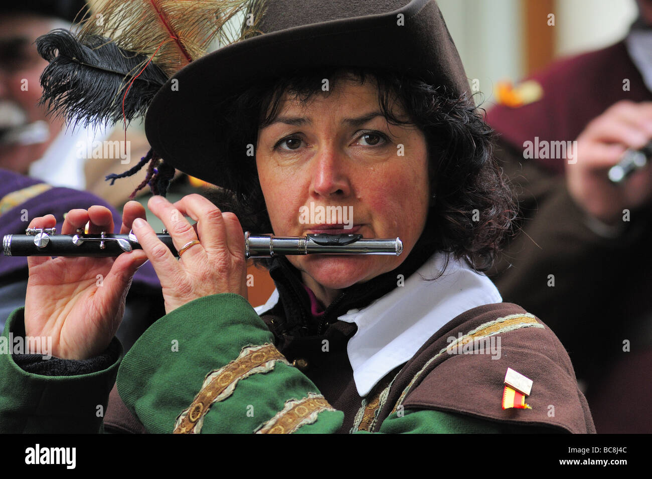Piccolo player playing in a military band in Geneva's Escalade festival