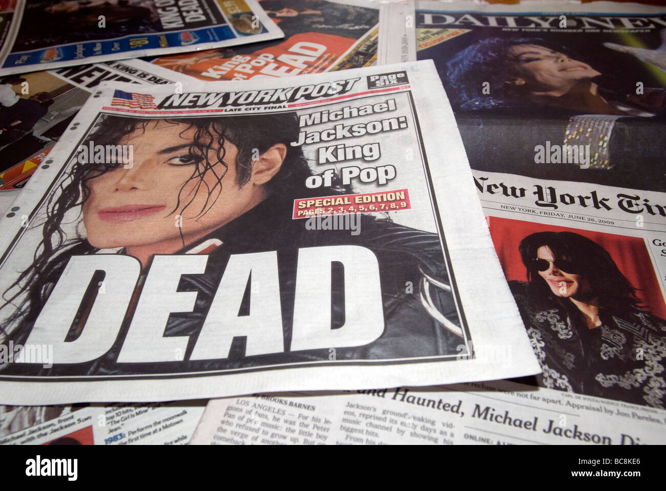 Copies of the New York area daily newspapers over several days report the death of pop icon Michael Jackson Stock Photo