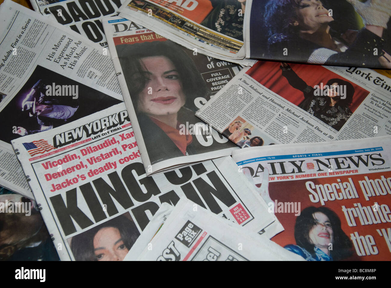 Copies of the New York area daily newspapers over several days report the death of pop icon Michael Jackson Stock Photo