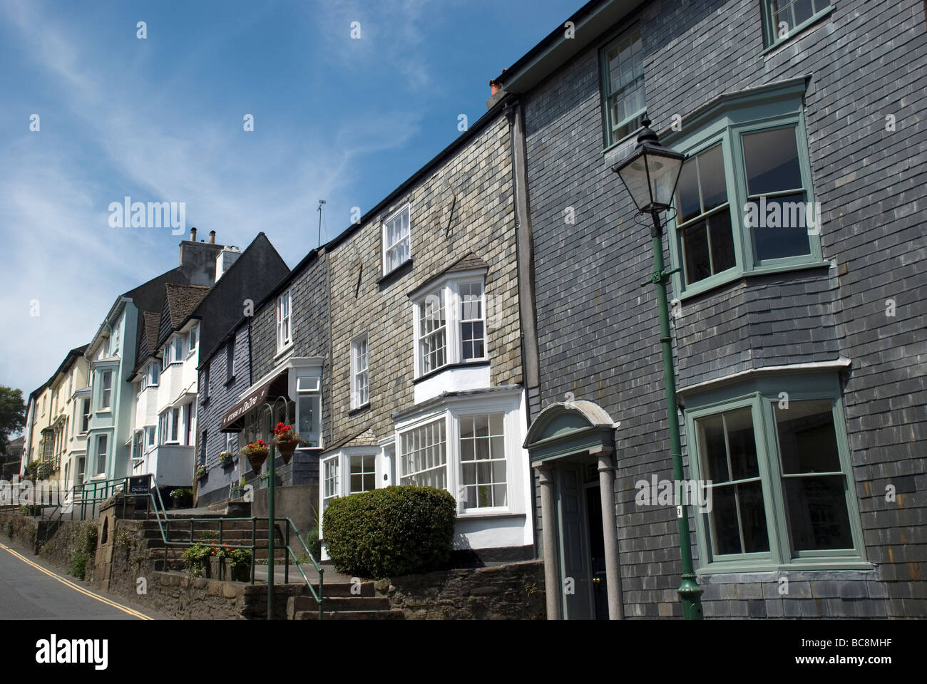 Traditional slate hung Devon cottages in Modbury in South Devon