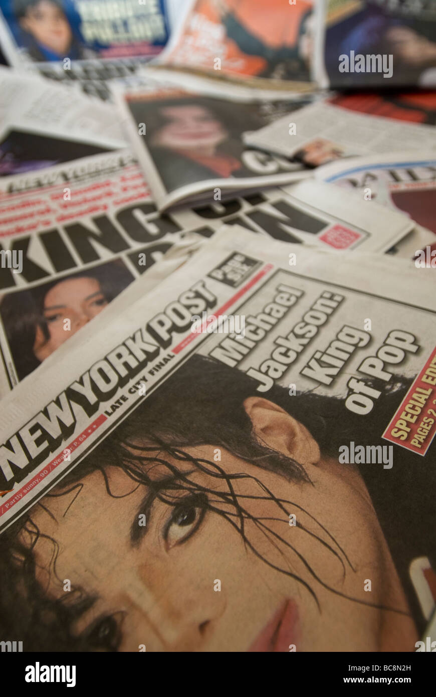 Copies of the New York area daily newspapers over several days report the death of pop icon Michael Jackson Stock Photo