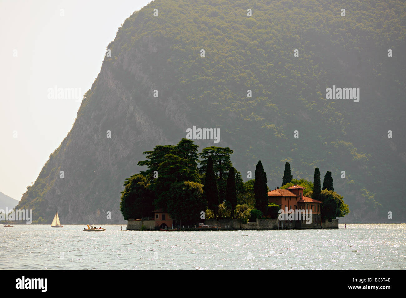 Isola di San Paolo Isle of St Paul on Lake Iseo Lombardy Italy on a hot summers day Stock Photo