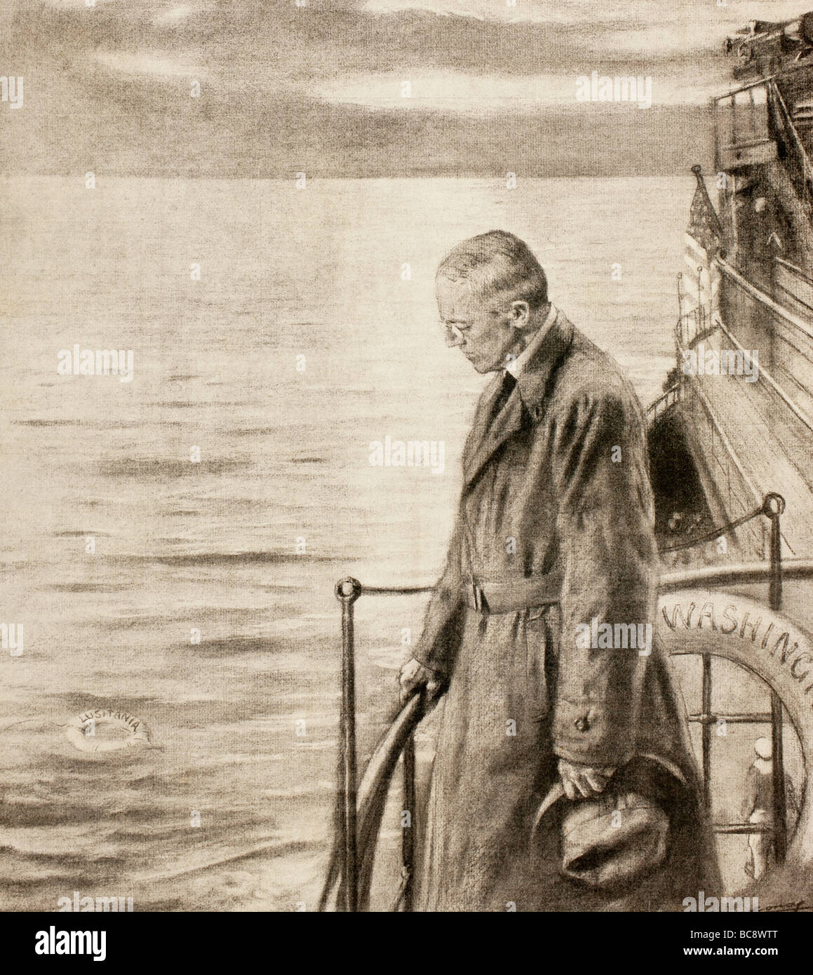 President  Woodrow Wilson arrives at Brest, France, 1918. He looks down at a lifebouy inscribed with the name of the Lusitania. Stock Photo