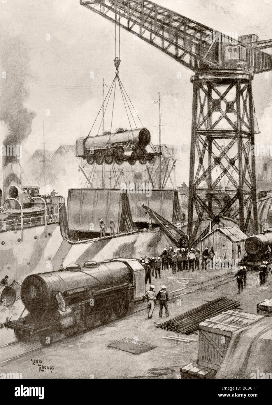 Unloading locomotives from an American cargo ship at a French port during World War I Stock Photo