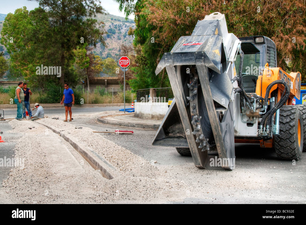 Enormous cutting machine used to cut channels in the roads in Greece ...