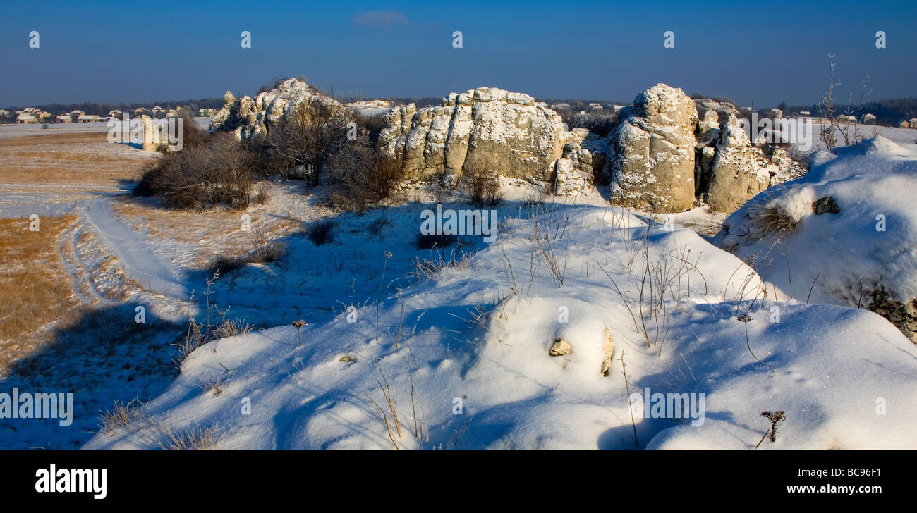 Limestone rocks Jura Krakowsko-Czestochowska at winter Poland Stock Photo