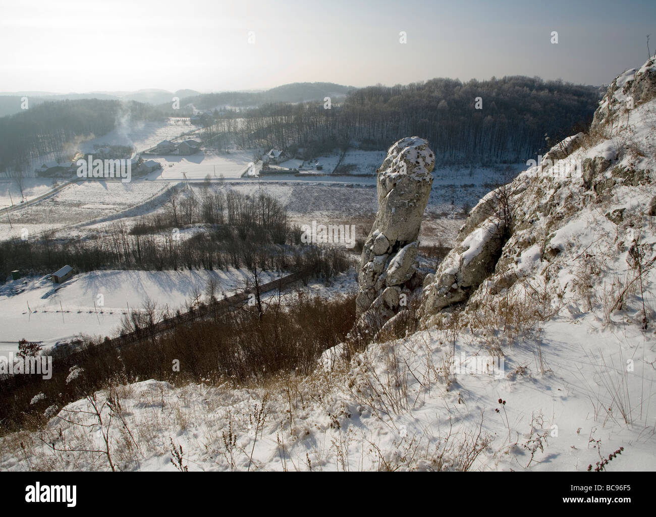 Limestone rocks Jura Krakowsko-Czestochowska winter Poland Stock Photo