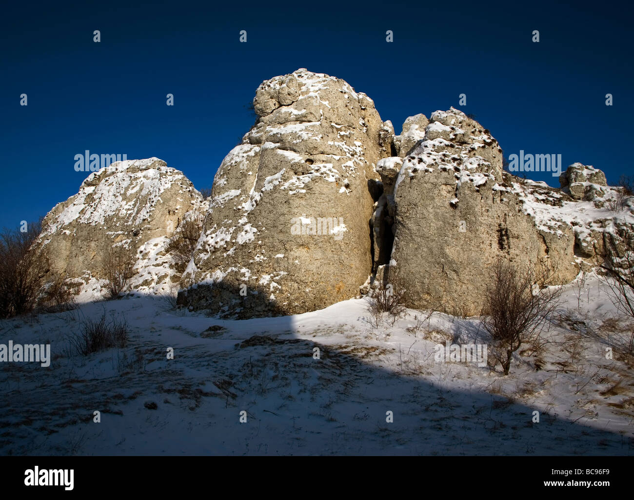 Limestone rocks Jura Krakowsko-Czestochowska winter Poland Stock Photo