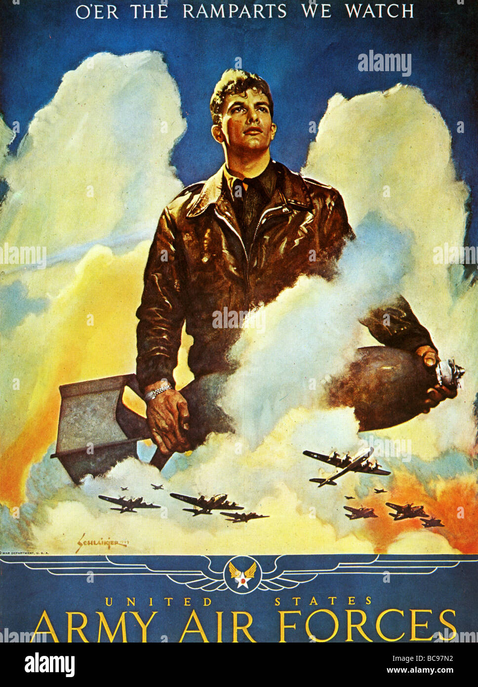 USAAF poster from 1944 .The phrase 'O'r the ramparts we watch' is taken from the Star Spangled Banner anthem Stock Photo