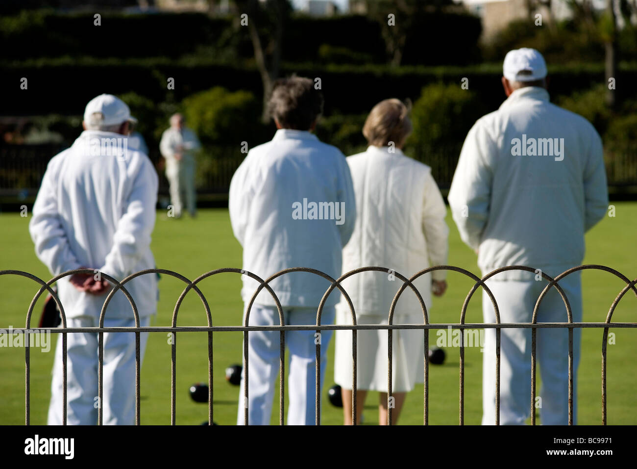 Bowls being played on the Bowling green, Newlyn, Cornwall Stock Photo