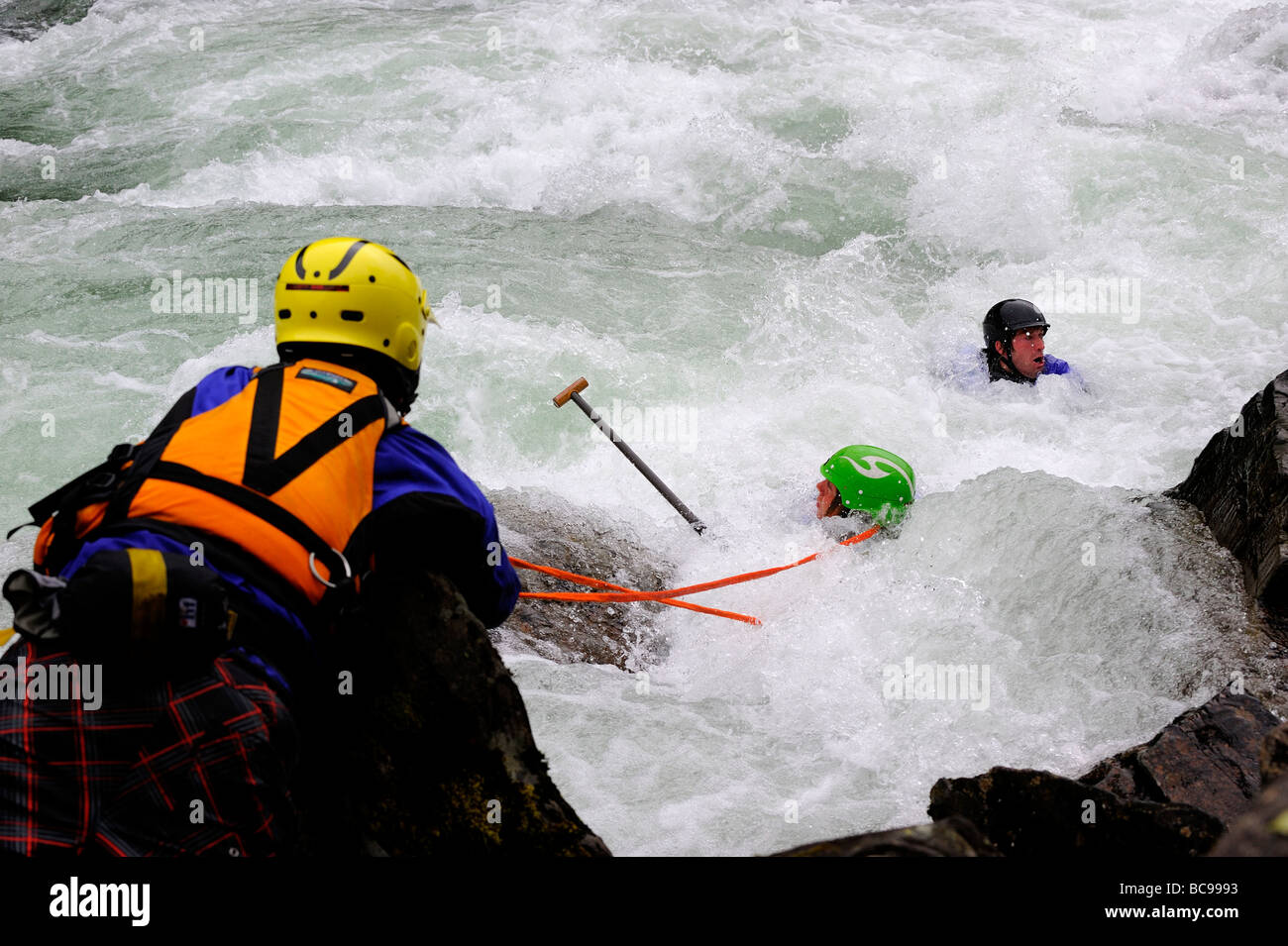 Rafting rescuer throwing line to two men Stock Photo