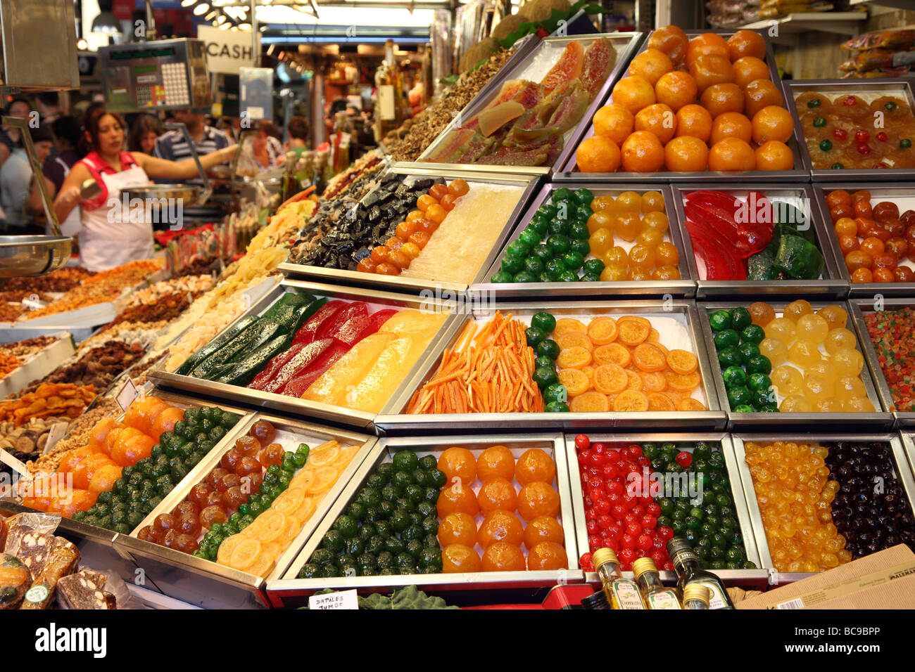 Conserve  fruits diplayed for sale La Boqueria market hall Barcelona Catalunya Spain Stock Photo