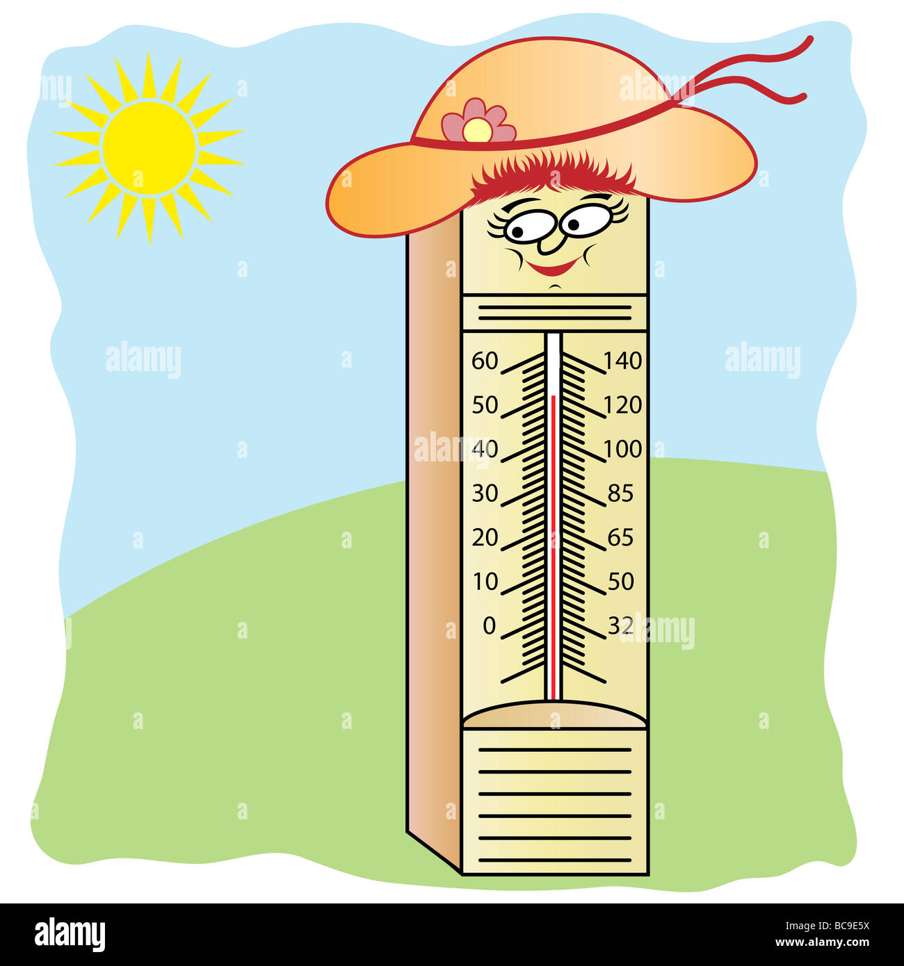 Thermometer cartoon character wearing a summer hat Stock Photo