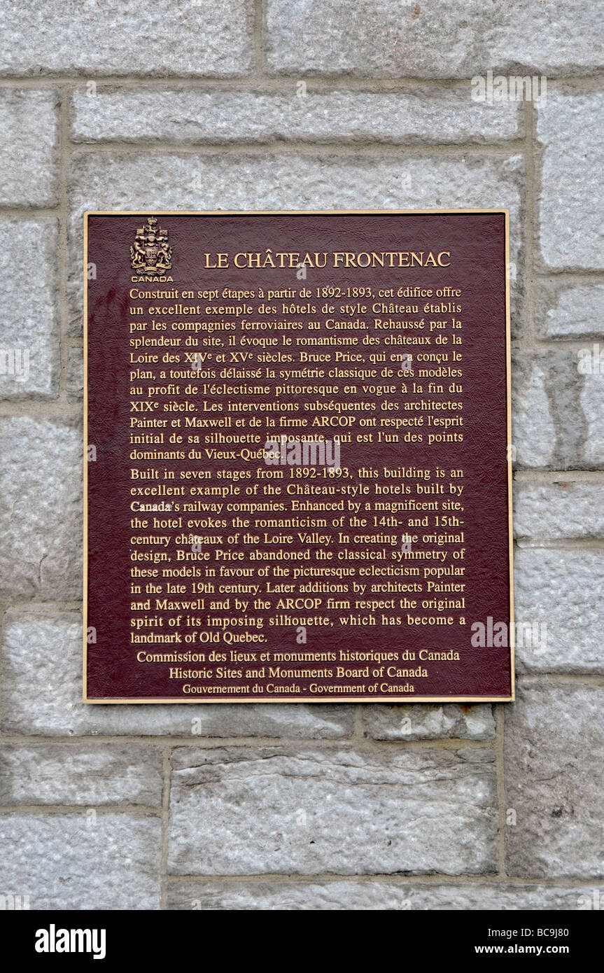 Plaque / Sign with information about the Le Chateau Frontenac in Quebec City, Canada Stock Photo