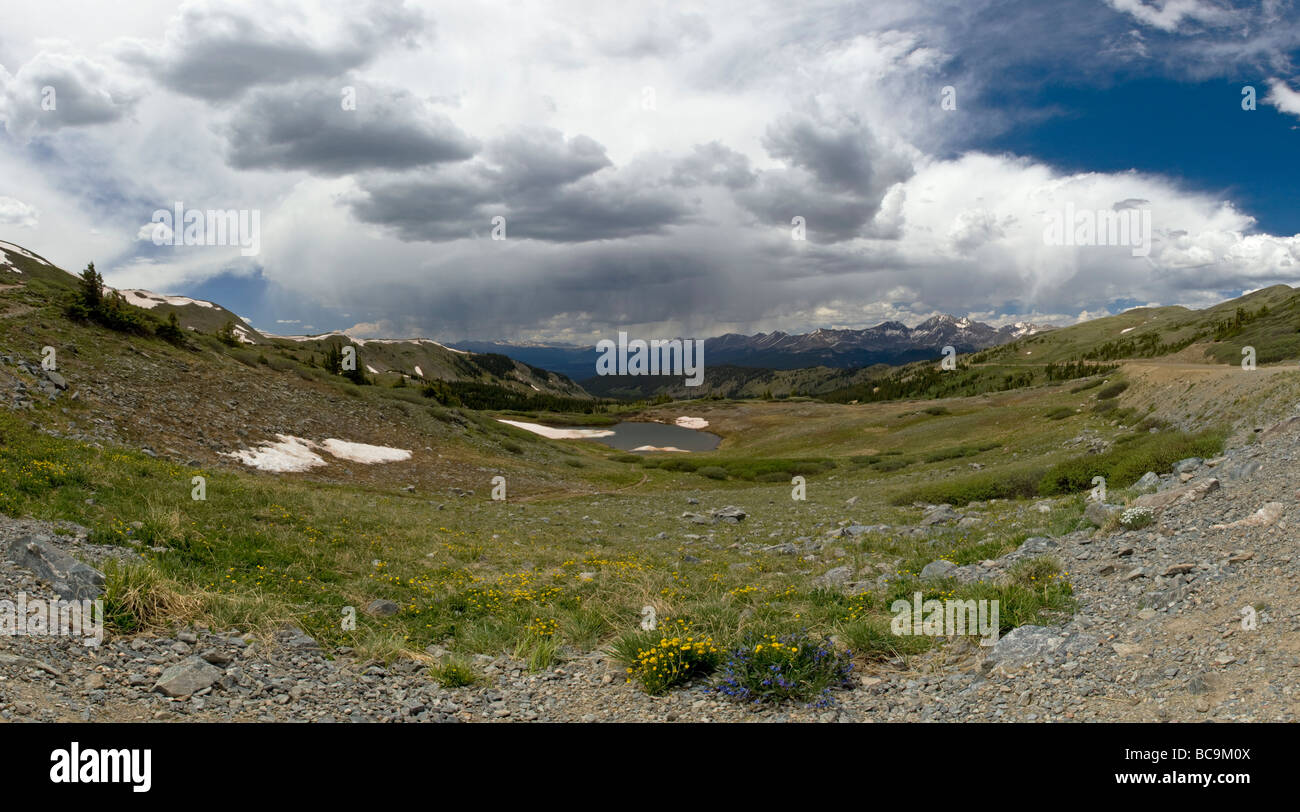 Panorama view west towards the Collegiate Peaks Wilderness and Gunnison National Forest from Cottonwood Pass 12 126 Colorado USA Stock Photo