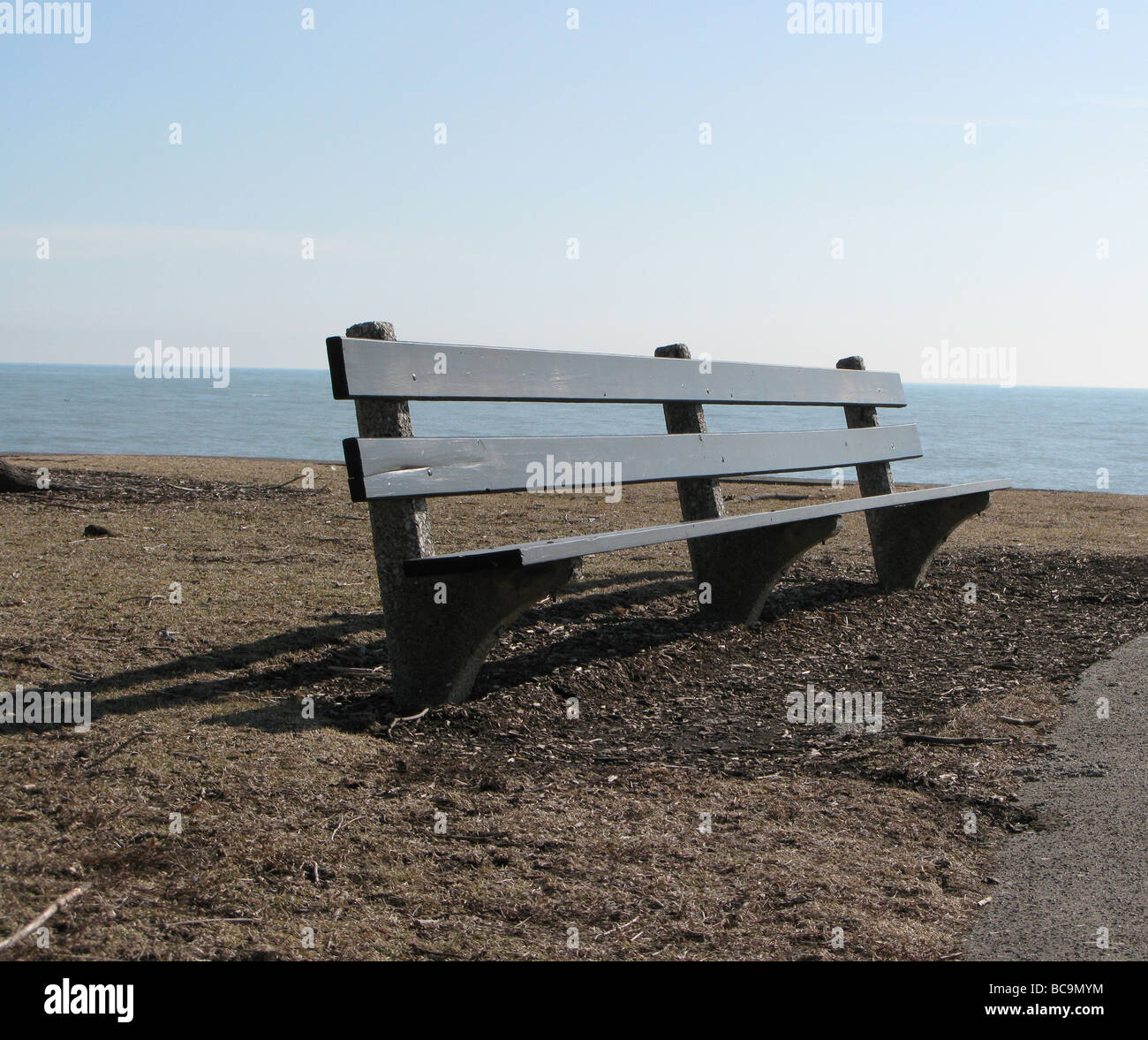 Lake Michigan with bench, Chicago, Illinois Stock Photo