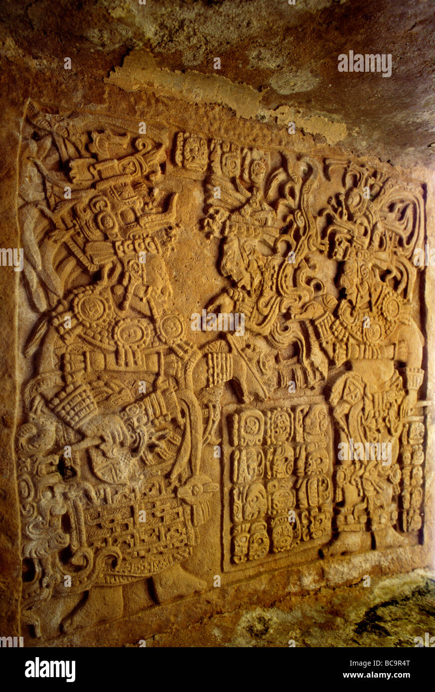 Carved LINTEL featuring MAYA RULERS from the JAGUAR DYNASTY in YAXCHILAN YUCATAN PENINSULA MEXICO Stock Photo