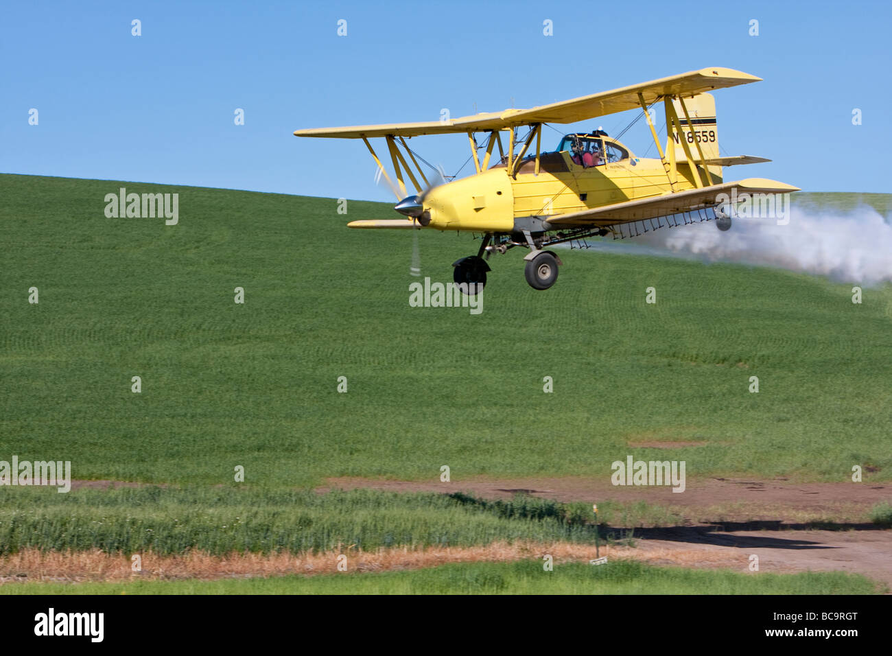 Crop Duster Makes a Low Pass over Wheat Fields near Pullman, Washington, in the Palouse Area of Southeastern Washington State. Stock Photo