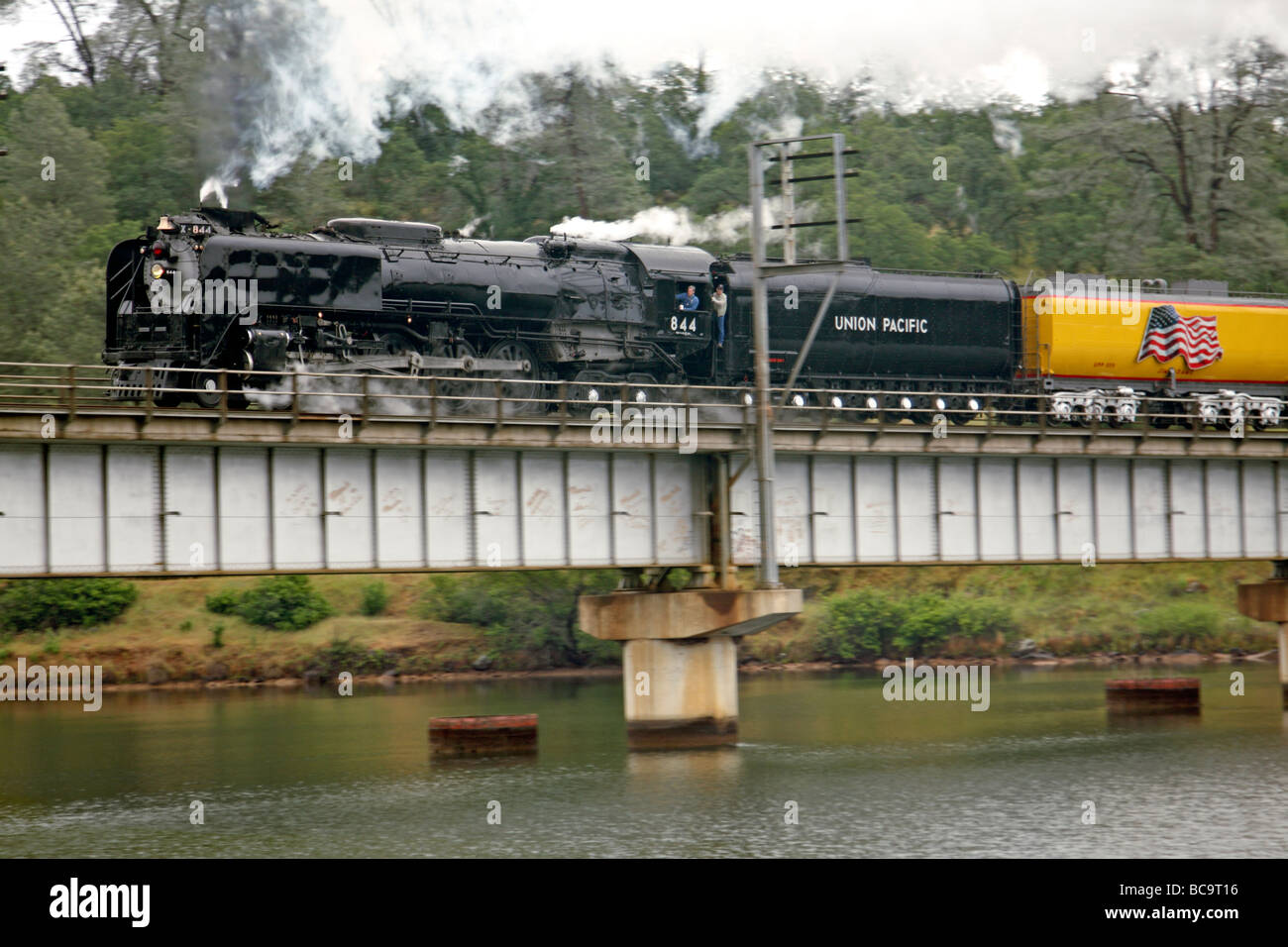 Union Pacific Steam Locomotive 844 Crosses The Feather River North of Oroville Stock Photo