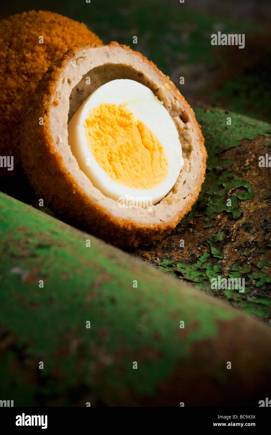 A hard boiled egg wrapped in a cocoon of sausage rolled in breadcrumbs