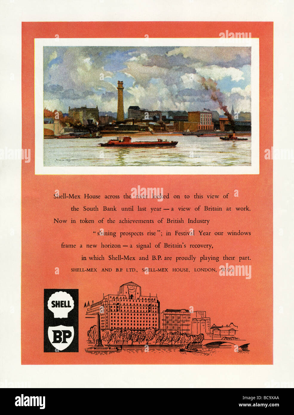 1951 colour advertisement for Shell and BP featuring Shell-Mex House and a 1950 view across the River Thames at Embankment Stock Photo