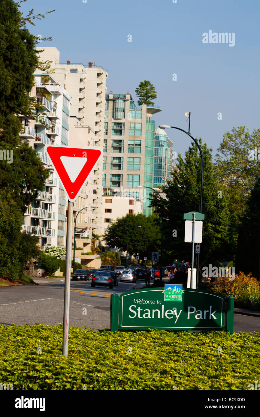 English bay Westend Stanley Park sign tree on roof top Vancouver City Canada North America Stock Photo