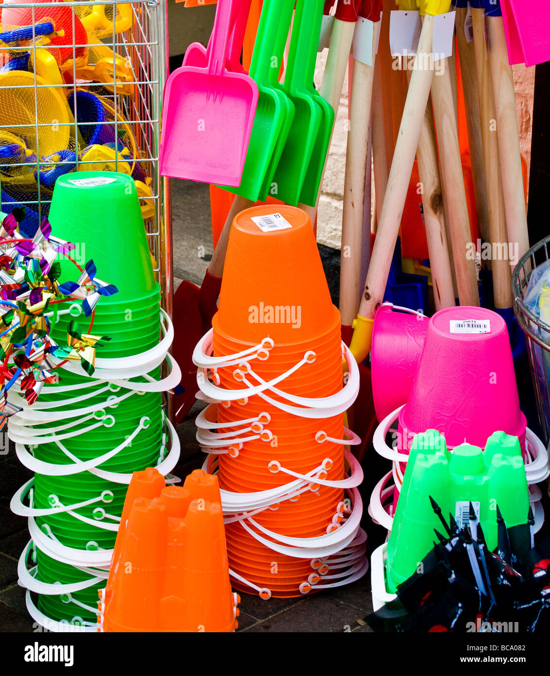 Colourful plastic buckets and spades in Old Leigh in Essex Stock Photo